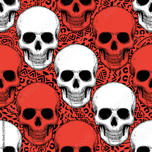 Seamless pattern with hand drawn skulls. Vector Illustration