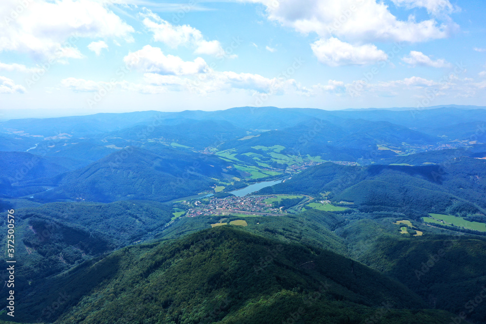 Aerial view of the village Margecany and the water reservoir Ruzin in Slovakia