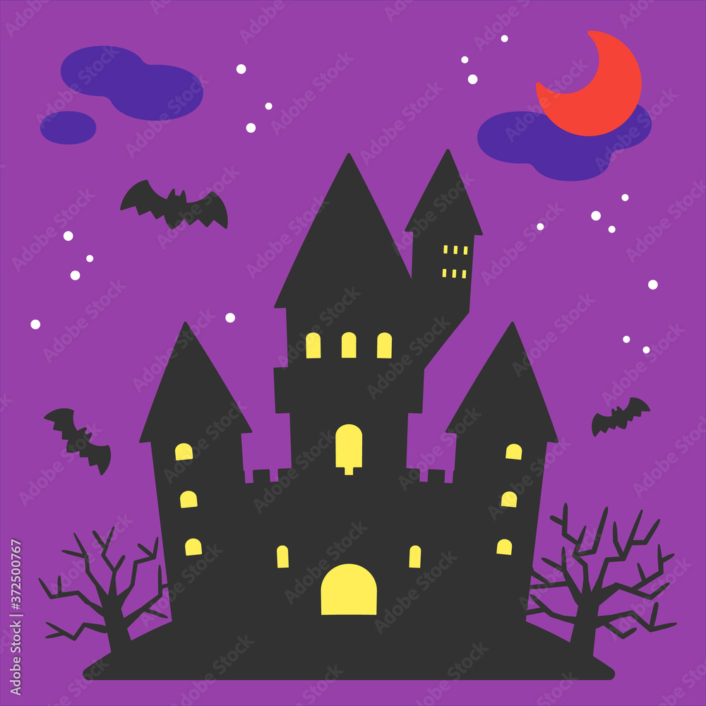 Halloween Night Spooky Castle and Moon / Purple