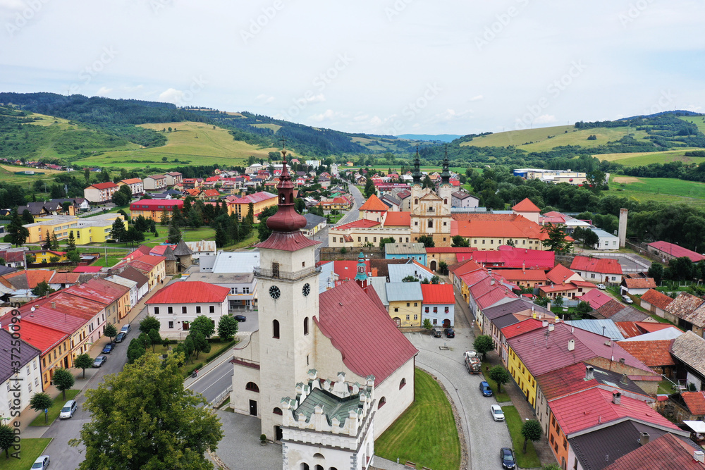 Aerial view of the historic center of Podolinec in Slovakia