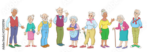 Group of happy grandparents. Men and women of different nationalities. In cartoon style. Isolated on white background.