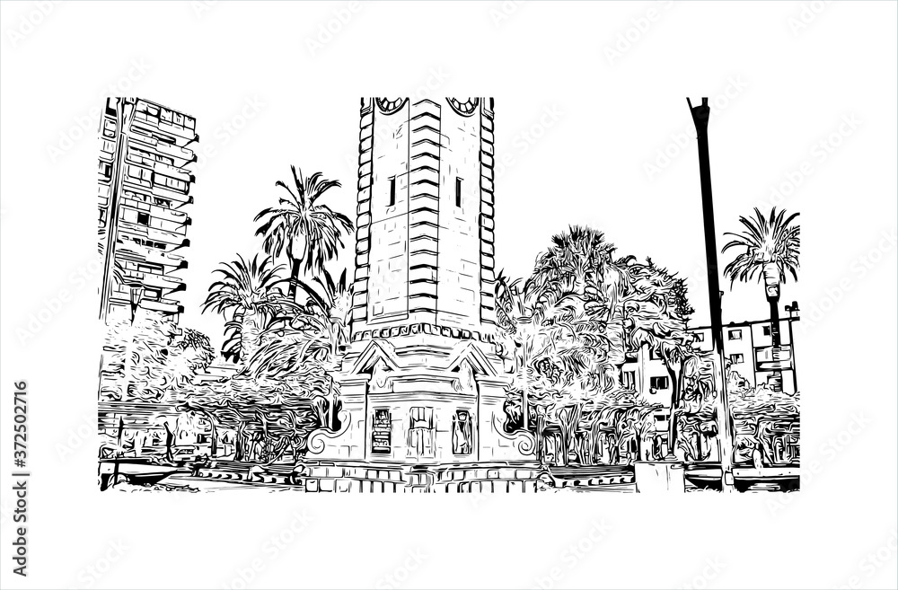 Fototapeta Building view with landmark of Antofagasta is a port city and regional capital in a mining area in northern Chile’s Atacama Desert. Hand drawn sketch illustration in vector.