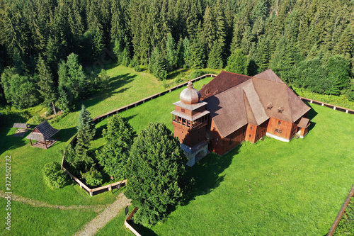 Aerial view of the Articular wooden church in the village of Svaty Kriz in Slovakia photo