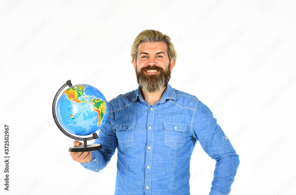 Fototapeta premium The globe Earth. Global networking and international business concept. happy bearded man with atlas. Social Media. concept of eco universe. back to school. ecology and media