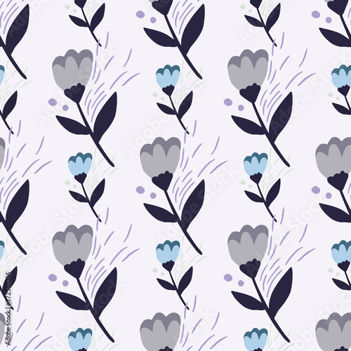 Isolated botanic pattern with grey and blue flowers. Folk floral shapes on light background.