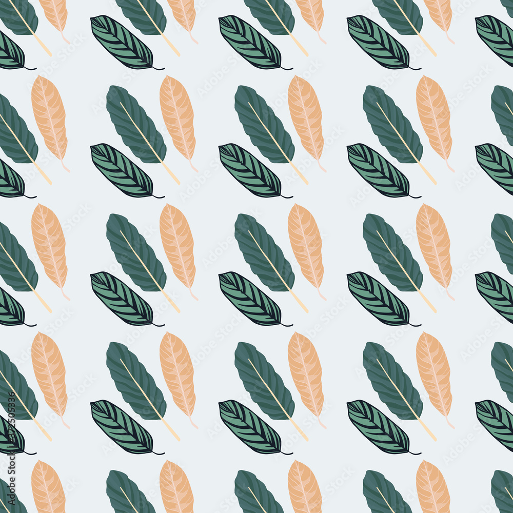 Botanic print with leafs seamless pattern. Doodle ornament in blue and beige tones on light background.