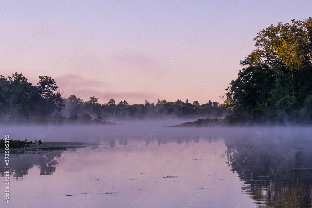 Foggy sunrise over lake in forest