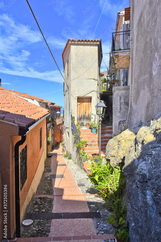 Fototapeta premium A narrow street among the old houses of Maierà, a rural village in the Calabria region.