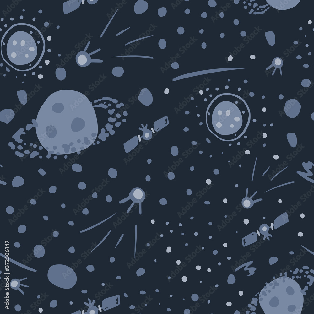 Dark space seamless pattern with planets, stars and satellites. Navy blue background. Stylized cosmic artwork.