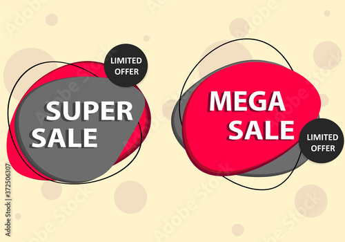 Big discount, mega sale, low prices, Bright advertising badges to promote retail business, attract customers. Sale of various products for a limited time. Vector.