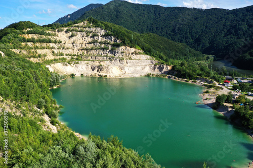 Aerial view of a lake in the village of Sutovo in Slovakia