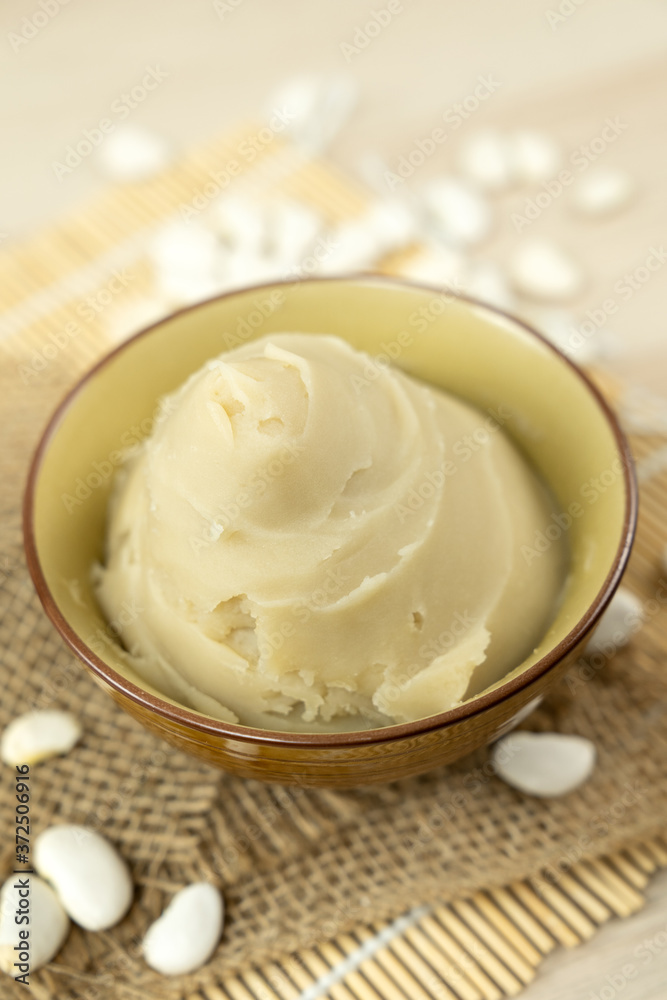 Japanese shiroan or white bean paste in a bowl, the filling used to make mochi and wagashi Japanese shiroan or white bean paste in a bowl, the filling used to make mochi and wagashi
