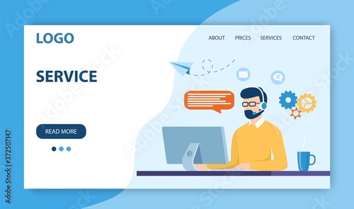 Customer service landing page. man with headset is sitting at his computer. Client assistance, call center, hotline operator, consultant manager. technical support. Vector illustration in flat style