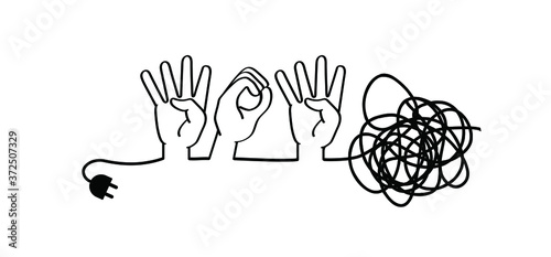 Deaf  language signs.Page not found, 404 error. Oops, I'm so sorry. Funny vector electric quotes for motivation, networking internet concept. Offline or online and unplugged sign. Under construction.