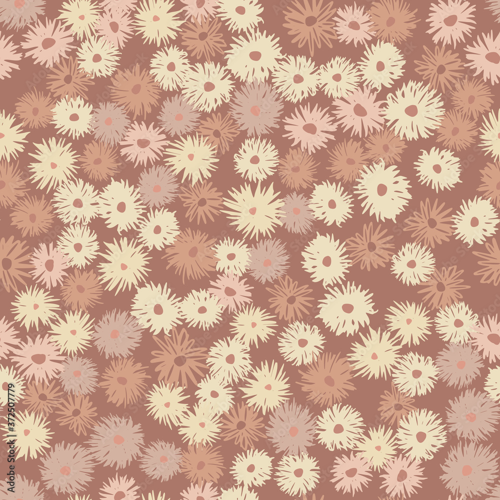 Pastel maroon palette seamless chrysanthemum pattern. Stylized botanic print.