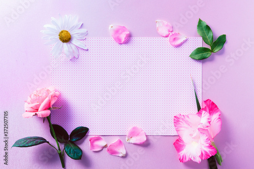 Fototapeta Naklejka Na Ścianę i Meble -  Empty white gift card next to colorful flowers, on top of pastel purple background.