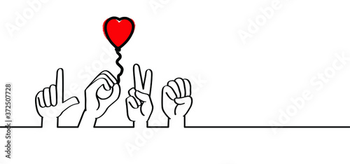 Hand spelling. Deaf sign language signs. Love heart month or happy singles day. 14 february, valentine, valentines day or for romantic, wedding banner. Fun vector icon. Love-filled day. Dactylonomy