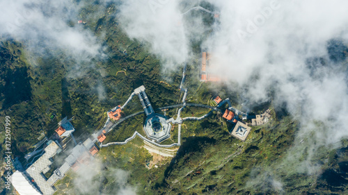 Aerial view architecture of the temple and pagoda on the top of the Fansipan mountain with a beautiful natural scenic of Sapa, Lao Cai, Vietnam