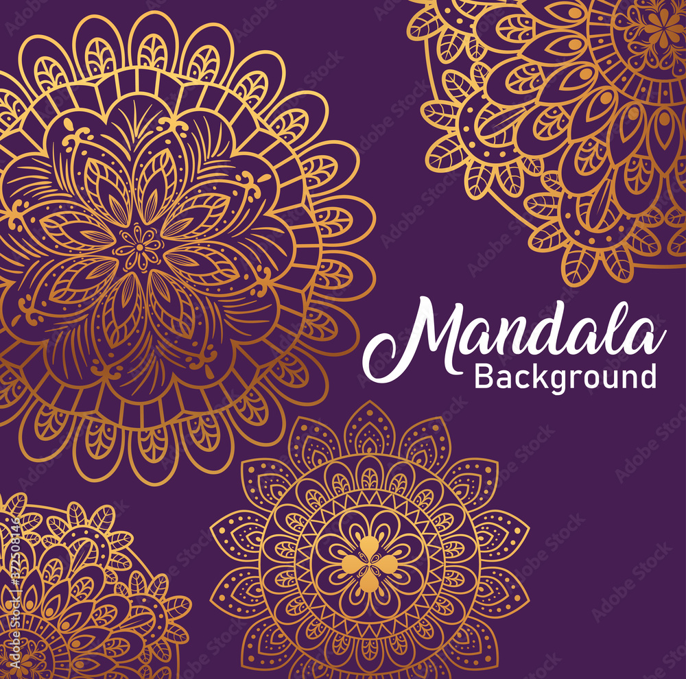 luxury golden mandala in purple background, decorative and elegant mandala, golden ornamental vector illustration design