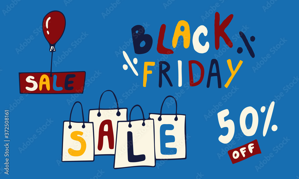 Fototapeta premium Vector template for black friday web banner or poster. Hand drawn doodle illustration of sale and discount icons. Online shopping