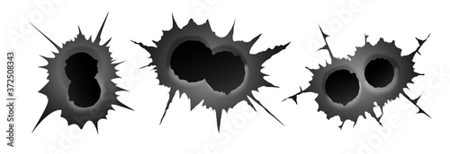 Bullet double hole on white background. set of double realisic metal bullet hole, damage effect. Vector illustration.