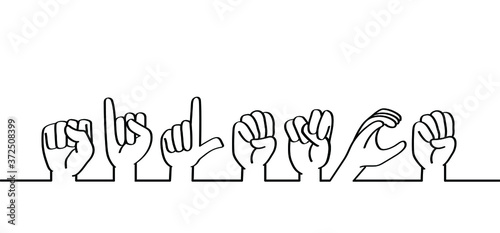 Hand spelling. Deaf sign language signs SILENCE Fingerspelling alphabet. Please be quiet ( shhh ) Silent, no sound off icon. Vector icons. Hands world day. Dactylonomy photo