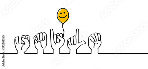 Hand spelling. Deaf sign language signs SMILE Fingerspelling alphabet. Vector drawing srmiling icon. Smiles line pattern Fun symbol for smiley. Happy Happiness day or World Smile day.  Dactylonomy