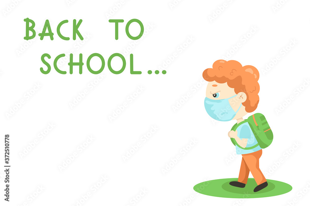 The boy goes to school in a medical mask. Back to school. The new school year. Child. Quarantine. Coronavirus. Stay home. Pandemic. Virus. Infection. The boy goes to school in a medical mask. Back to school. The new school year. Child. Quarantine. Coronavirus. Stay home. Pandemic. Virus. Infection.
