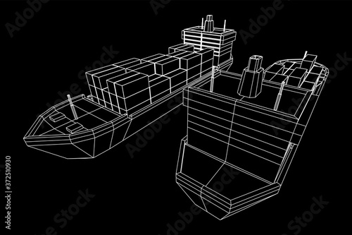 Heavy dry cargo ship of bulk carrier with freight containers. Wireframe low poly mesh vector illustration.