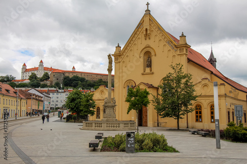 St. Stephan Capuchin Church and Marian column in the old town in Bratislava