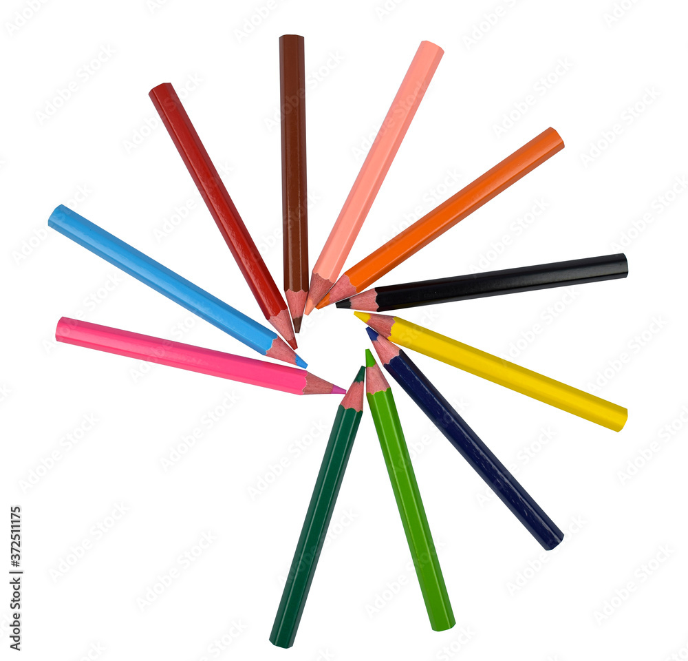 Circle pattern made with many different colored wood pencil crayons on white