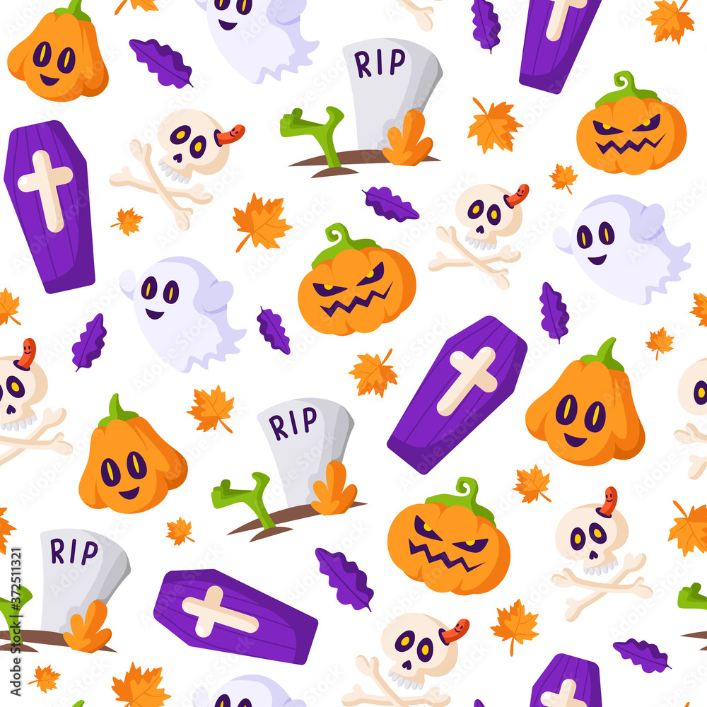 Obraz premium Halloween cartoon seamless pattern - scary pumpkin lantern, creepy ghost, skull and bones, coffin, grave and zombie hand, traditional holiday symbols - vector seamless background for print