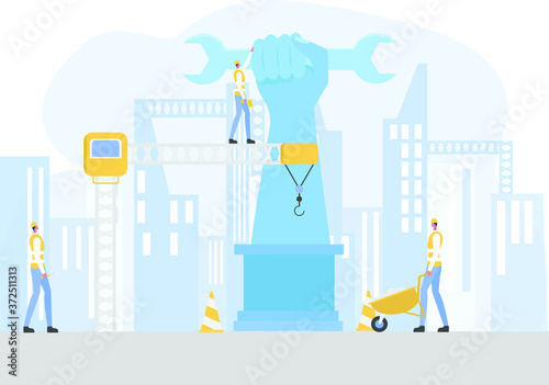 Labor Day celebration vector concept: construction workers building big blue arm holding a wrench statue