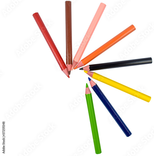 Half round pattern made with many different colored wood pencil crayons on white