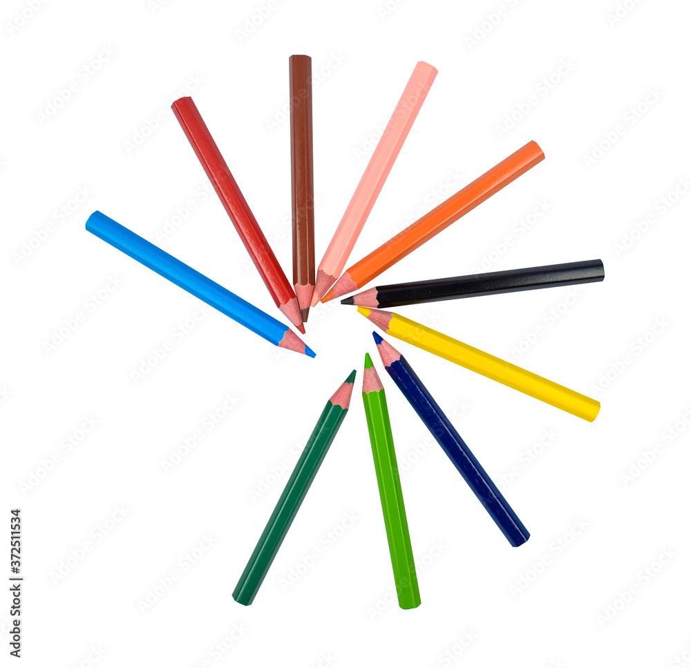 Nice round pattern made with many different colored wood pencil crayons on white