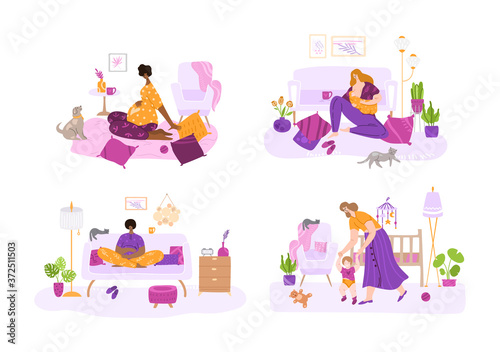 Breast feeding, motherhood, awating for a baby and pregnancy concept - set of vector illustrations with young mothers or pregnant women. Nursing baby, maternity leave - flat cartoon female characters