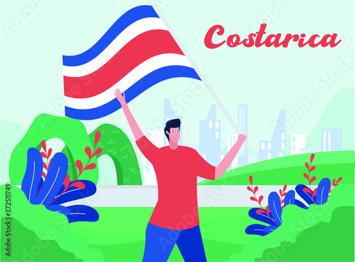 Costa Rica Independence Day vector concept: portrait of man waving Costa Rica national flag happily at the Zarcero Park