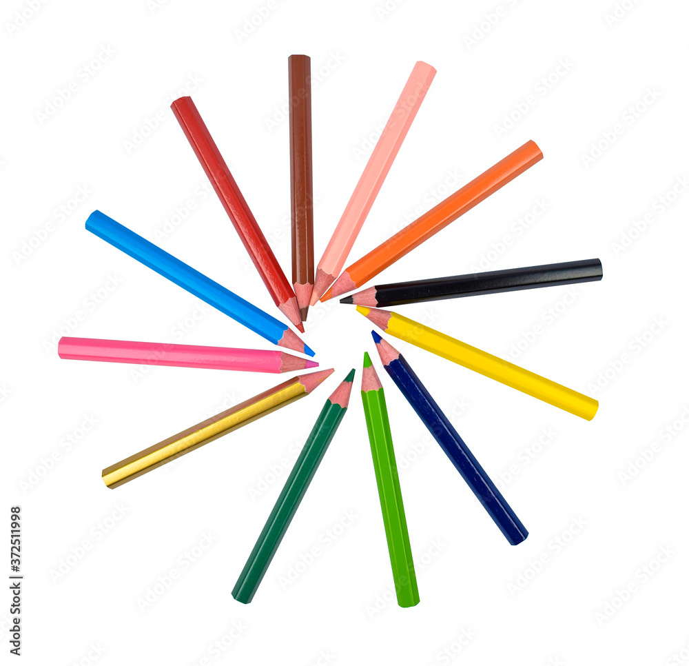 Fototapeta premium Round pattern made with many different colored wood pencil crayons on white