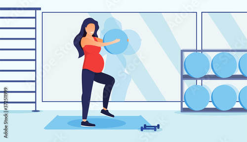 Fitness for pregnant woman concept. Girl doing sport exercises indoors. Flat vector illustration