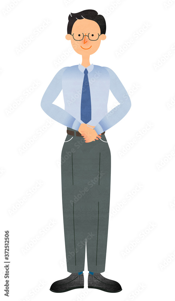 丁寧な姿勢で立つスーツ姿のメガネの男性