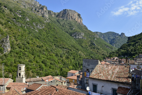 Panoramic view of Orsomarso, a rural village in the mountains of the Calabria region.
 photo