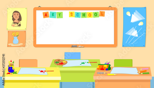 Empty art school classroom with desks vector illustration