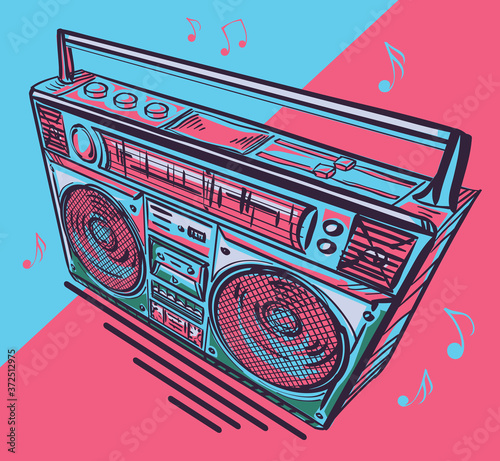 Funky colorful drawn boom box tape recorder