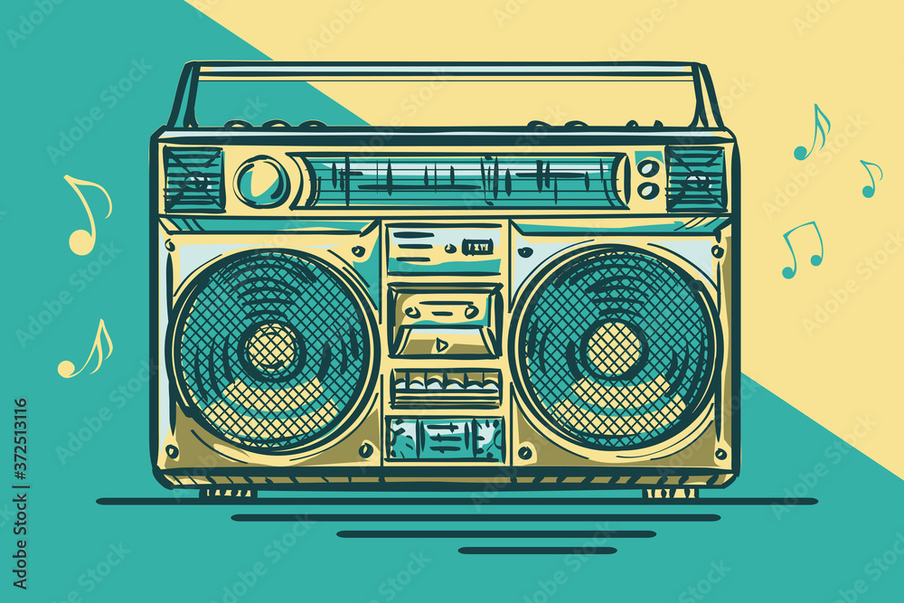 Fototapeta premium Funky colorful drawn boom box tape recorder
