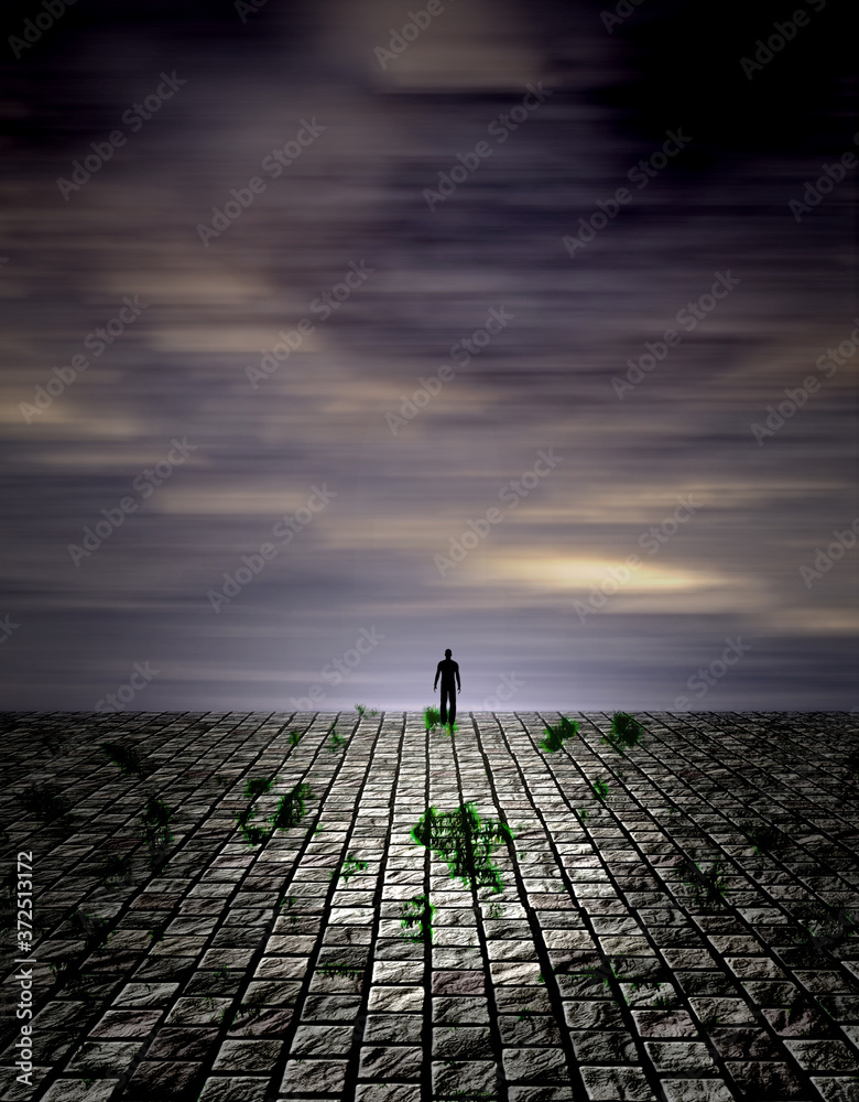 Lonely figure in unreal landscape. 3D rendering Lonely figure in unreal landscape. 3D rendering
