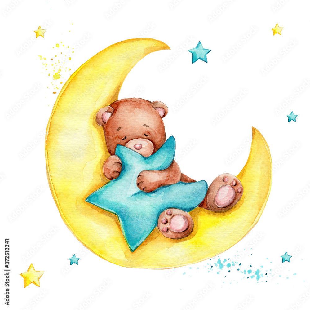 Cute cartoon teddy bear sleeping on the moon and blue star; watercolor hand  draw illustration; can be used for baby shower; with white isolated  background Stock Illustration | Adobe Stock