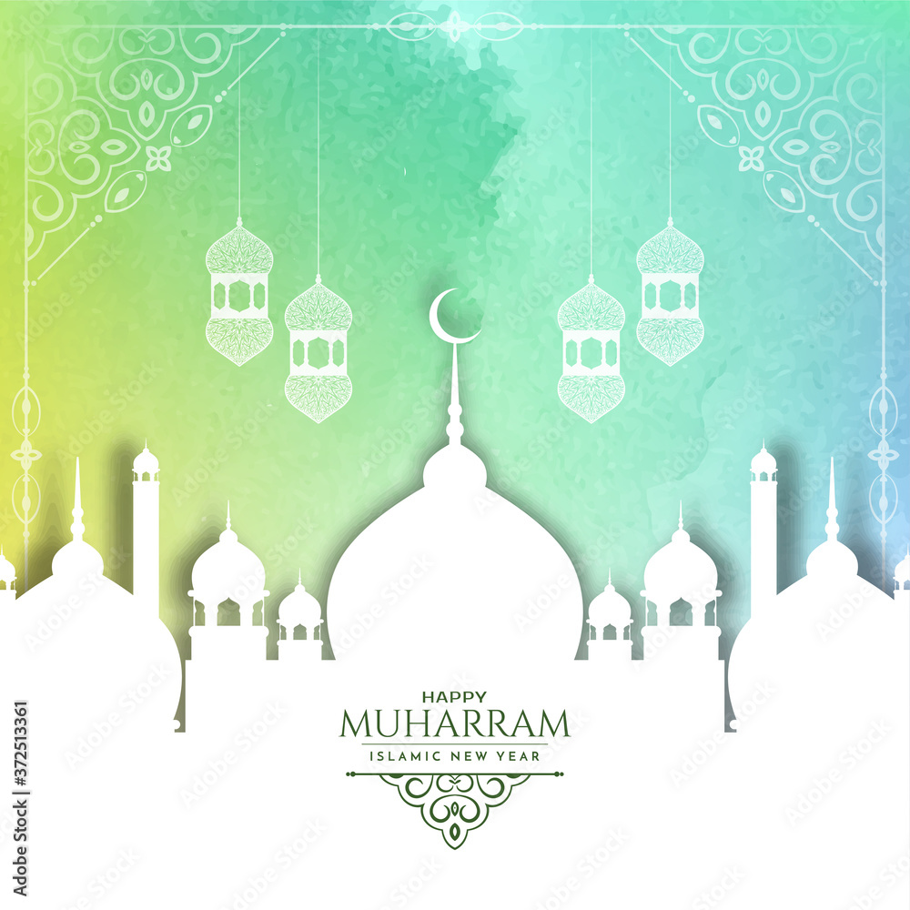 Colorful Happy Muharram background with white mosque