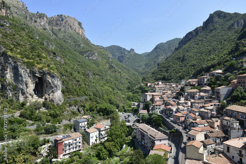 Panoramic view of Orsomarso, a rural village in the mountains of the Calabria region.
