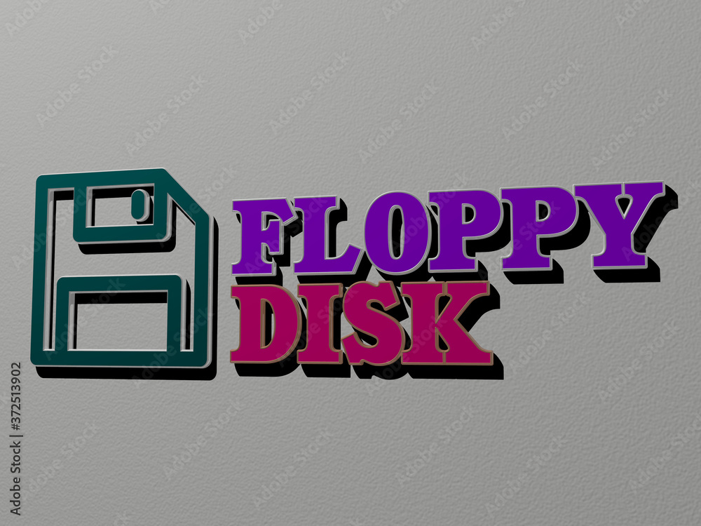 3D illustration of floppy disk graphics and text made by metallic dice