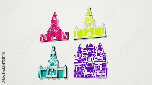 Photography KREMLIN colorful set of icons, 3D illustration for russia and moscow